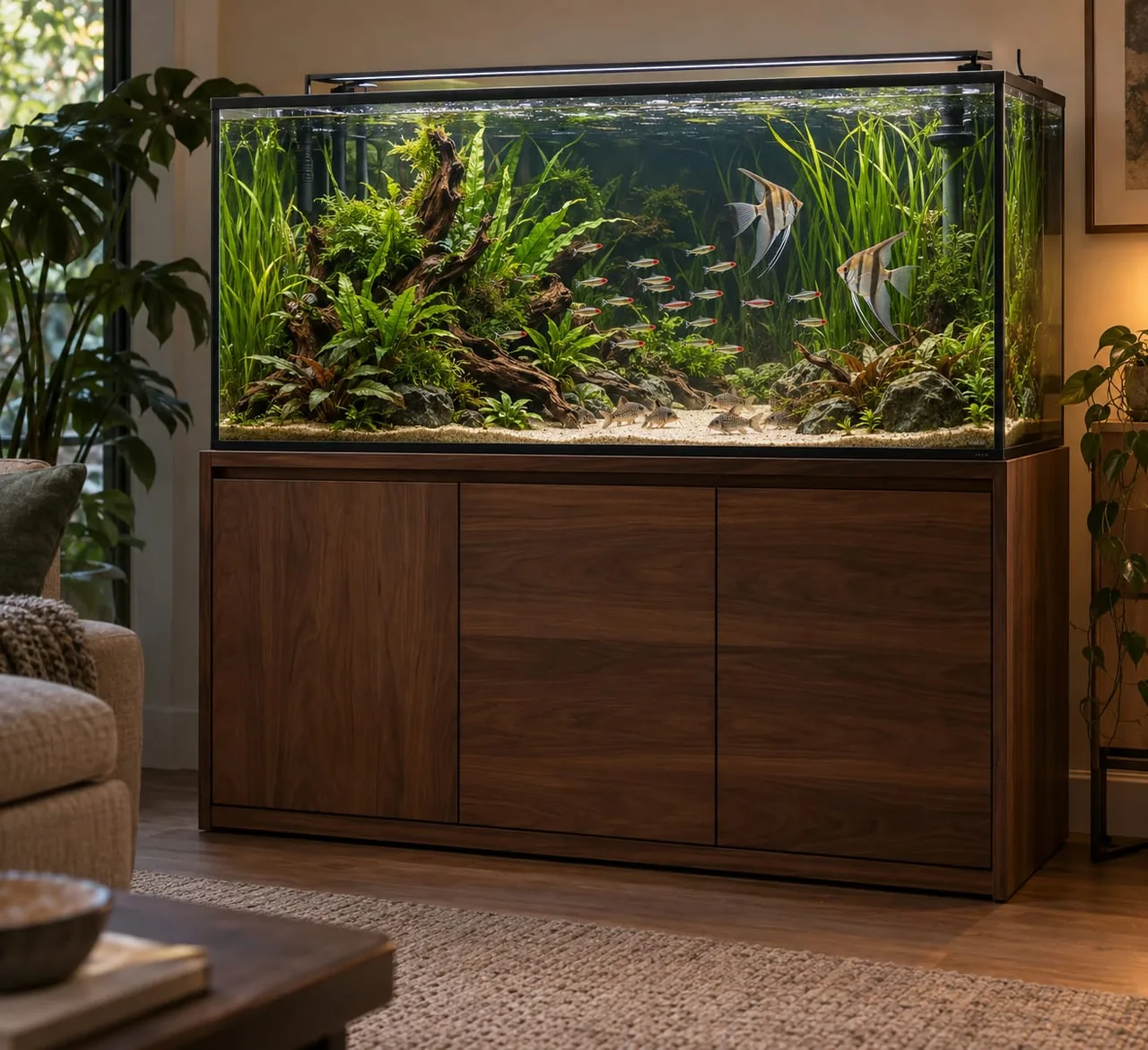 A long planted tank with driftwood, two angelfish and a school of rummy-nose tetras, on a walnut cabinet in a warm living room