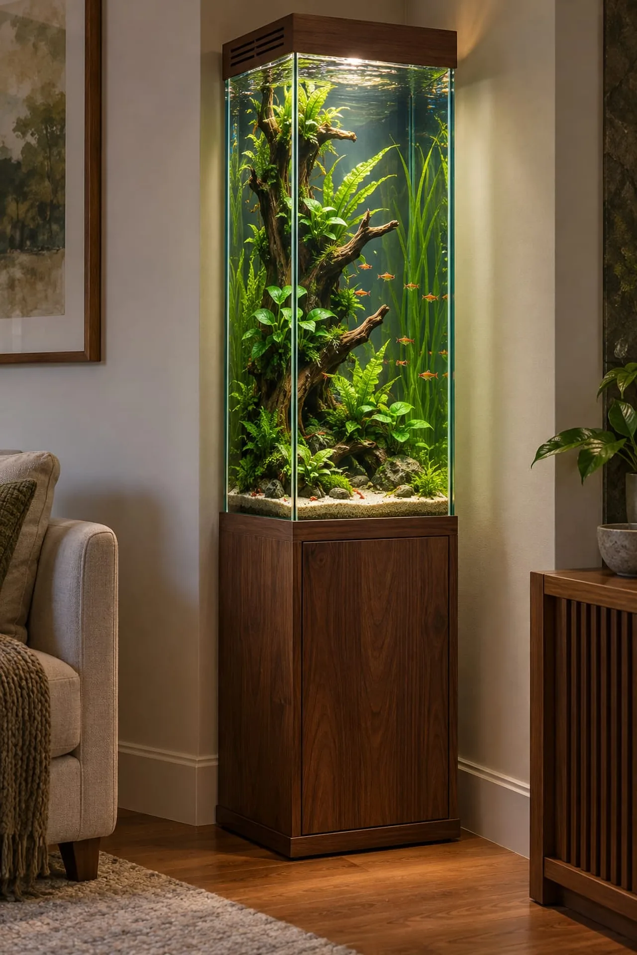 A tall square column tank with a driftwood tree, ferns and small orange tetras, on a walnut cabinet beside a sofa