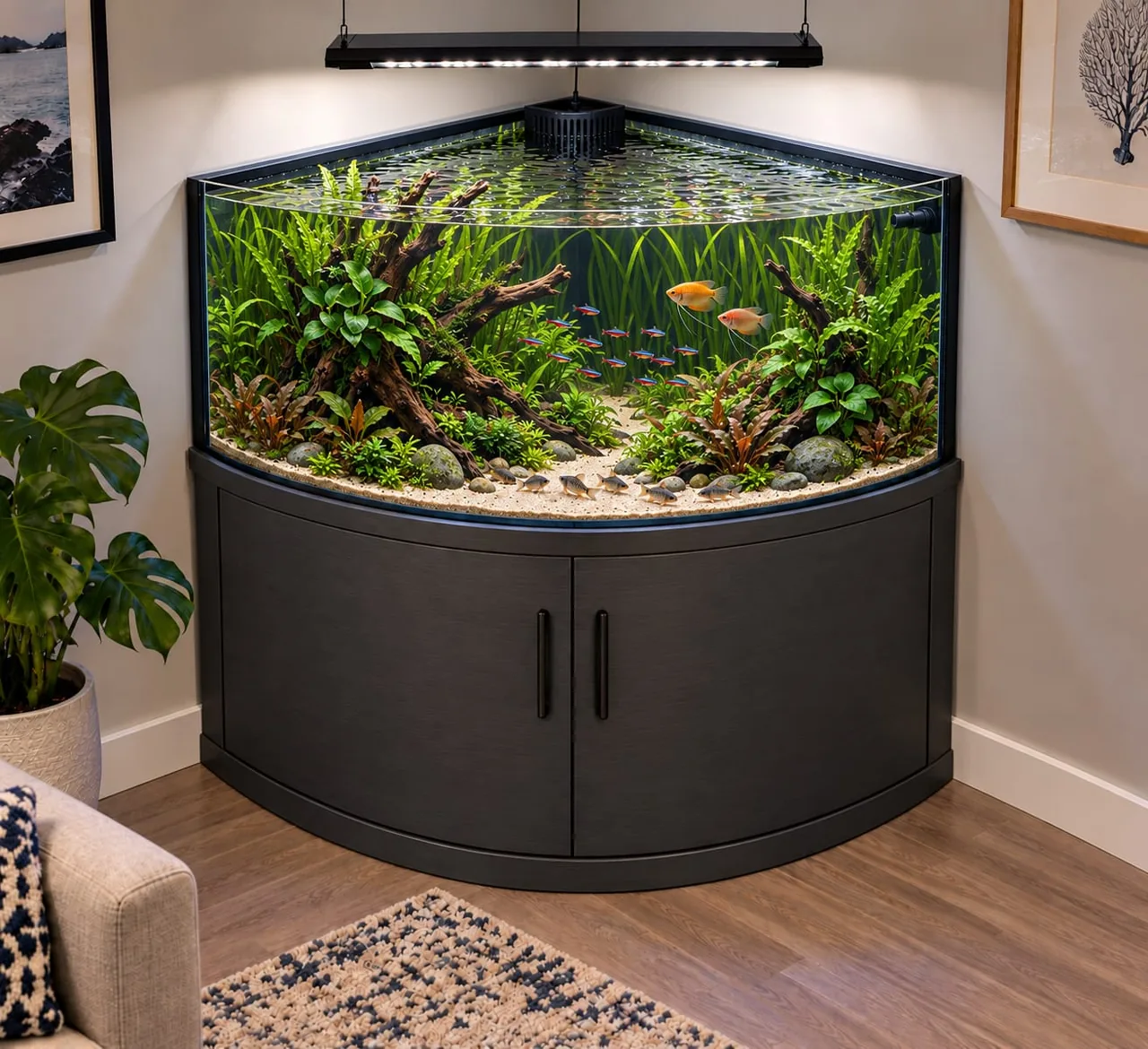 A curved corner tank with driftwood, ferns, neon tetras and two gouramis, on a dark cabinet in a living-room corner
