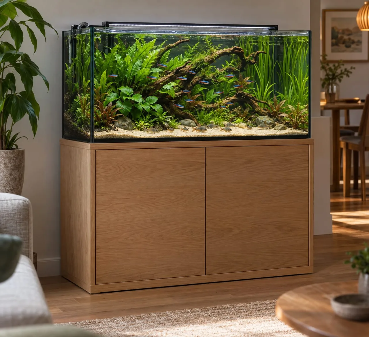 A planted tank with driftwood, ferns and a school of neon tetras, on a light oak cabinet in a bright living room