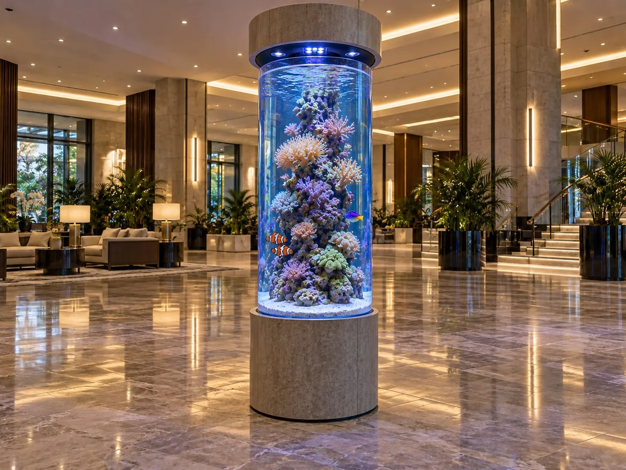 A tall cylinder reef tank with a coral tower and clownfish, standing in a marble hotel lobby