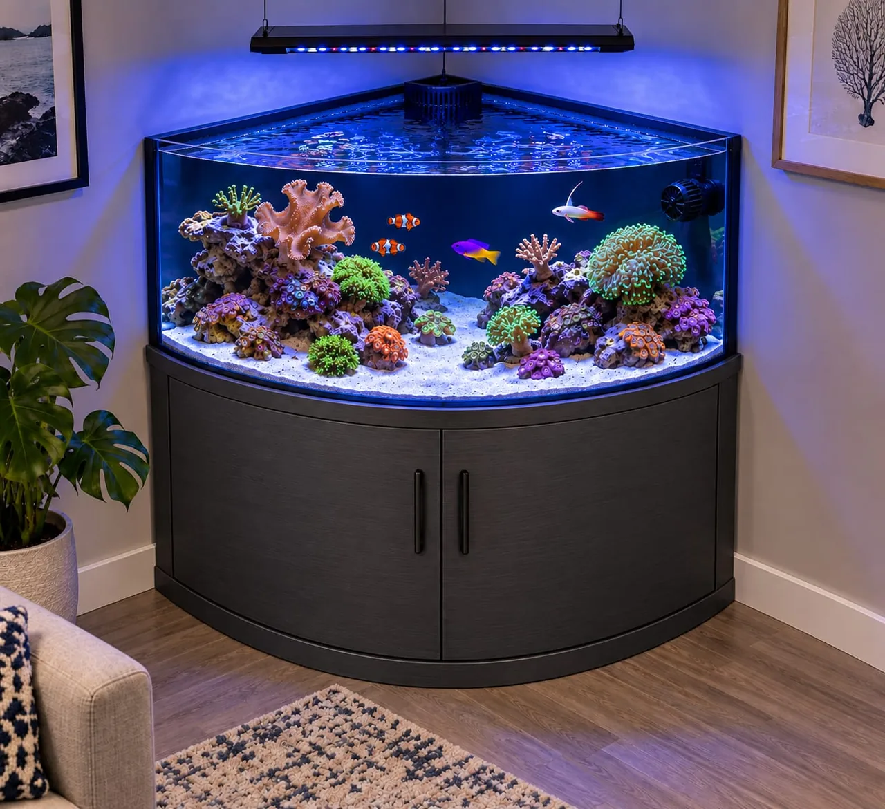 A corner reef tank with colourful corals, clownfish and a royal gramma under blue light, on a dark curved cabinet