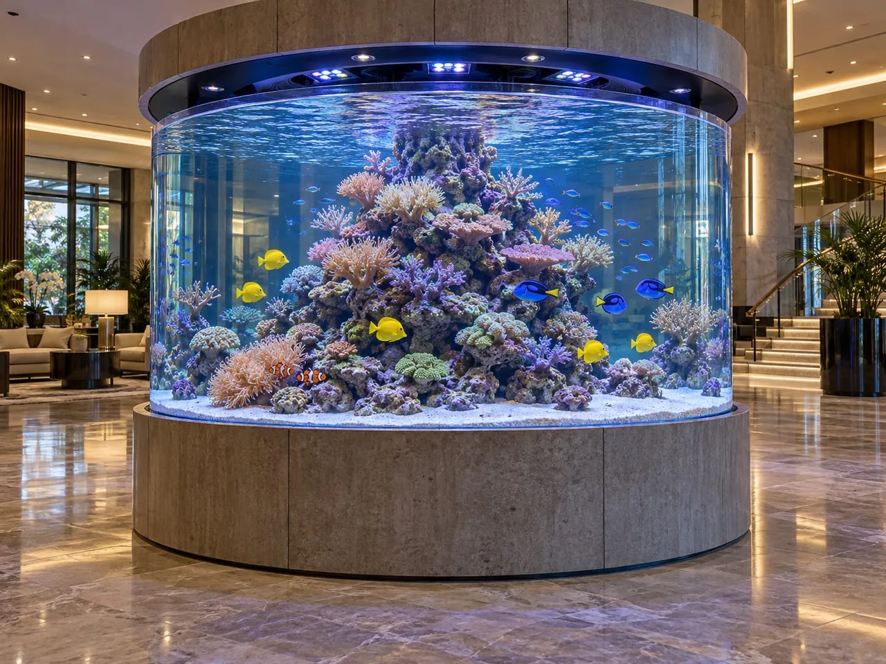 A large round reef tank with a coral tower and yellow and blue tangs, built into a stone column in a hotel lobby